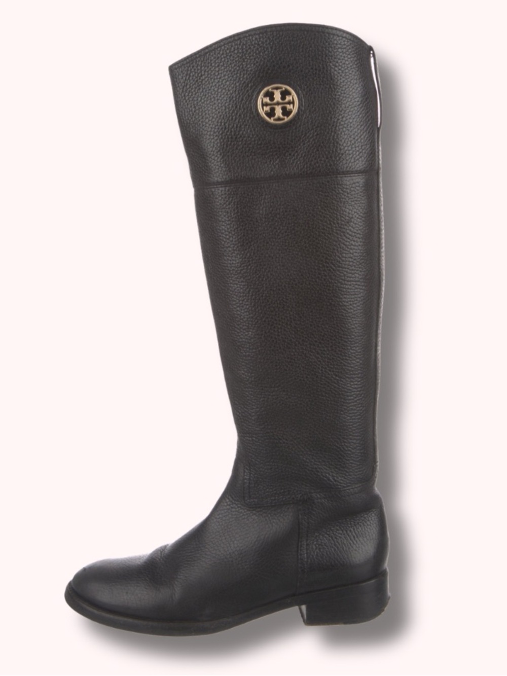 Tory Burch Black Leather Knee-High Boots with Gold Logo Medallion